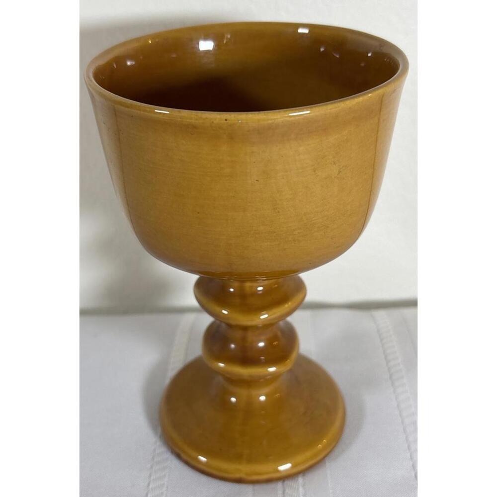 Vintage MCM Pottery Pedestal Goblet Bowl 7” Glazed Caramel Brown Ceramic